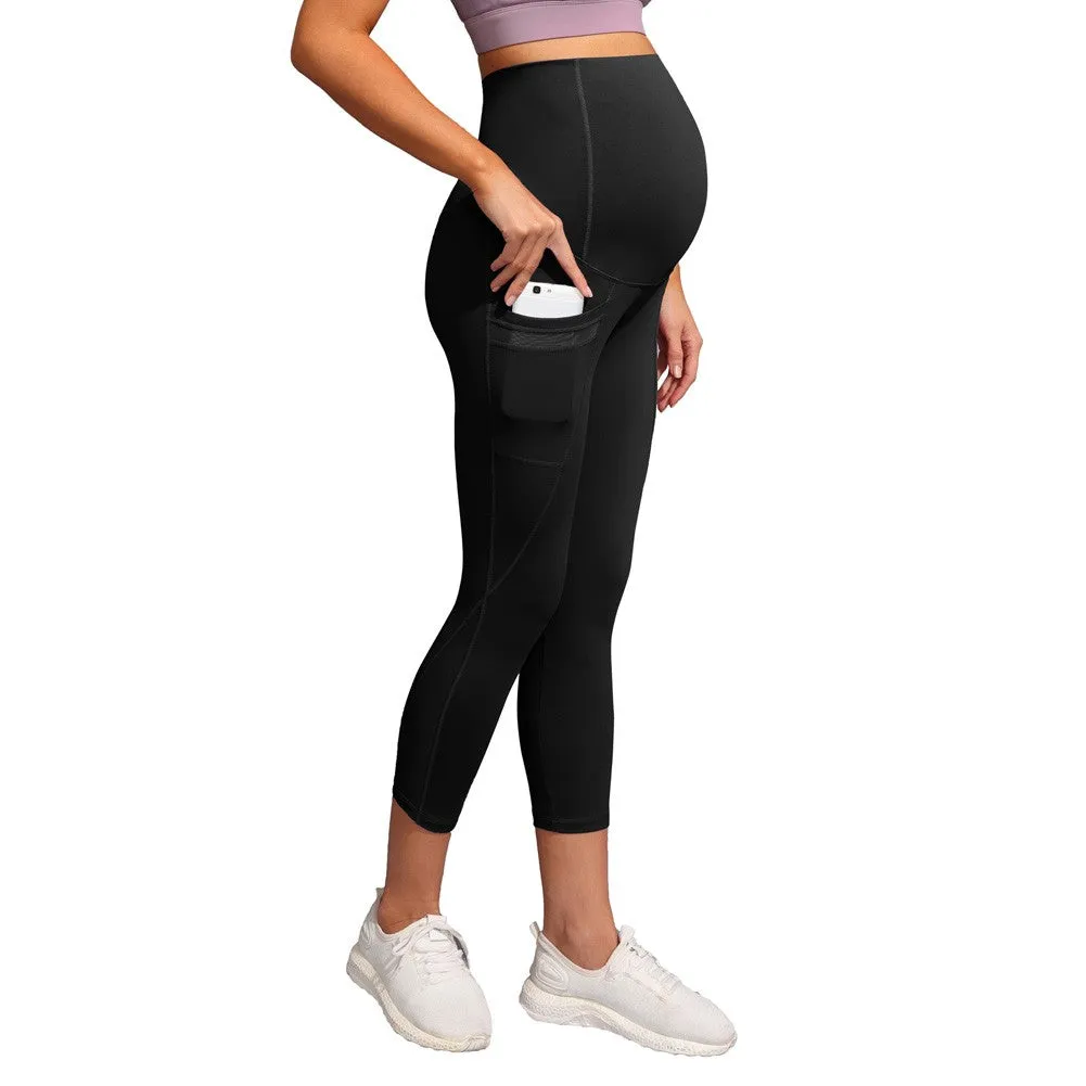 Women Maternity Cropped Yoga Pants Cross V-Back Over-The-Belly Capri Pant