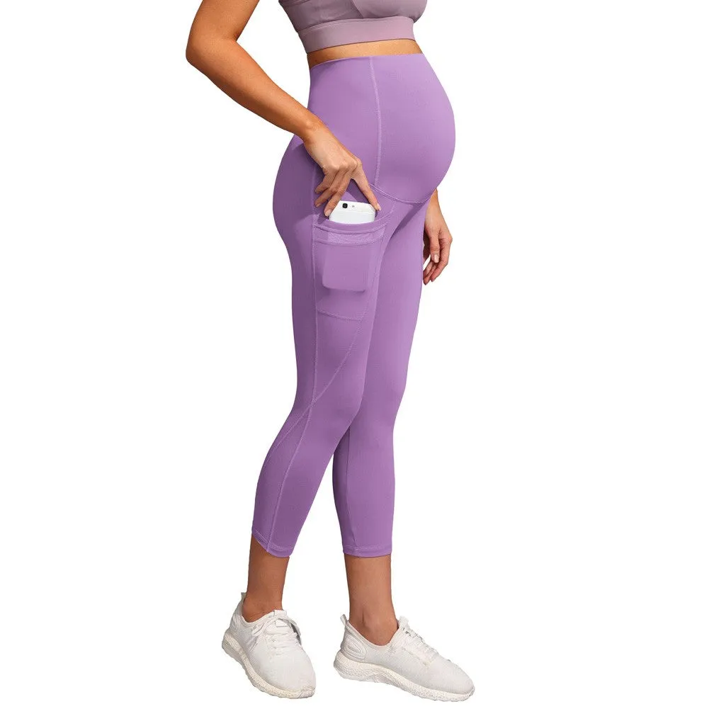 Women Maternity Cropped Yoga Pants Cross V-Back Over-The-Belly Capri Pant