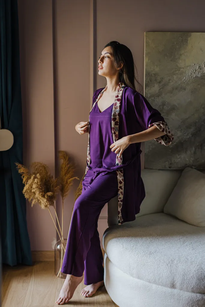 Women summer 3 piece pajama set  Colorful kimono   Purple top & Pants