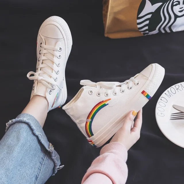 Women's Fashion 2020 Vulcanized Shoes Woman Sneakers New Rainbow Retro Canvas Shoes Flat Fashion Comfortable High Shoes Women