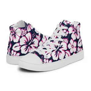 Women's Navy Blue, White and Hot Pink Hawaiian Print High Top Canvas Shoes